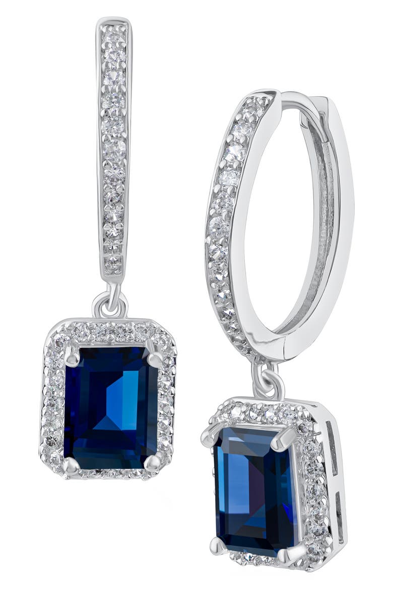 Emerald Cut Cubic Zirconia Halo Drop Huggie Hoop Earrings, Main, color, BLUE/ SILVER