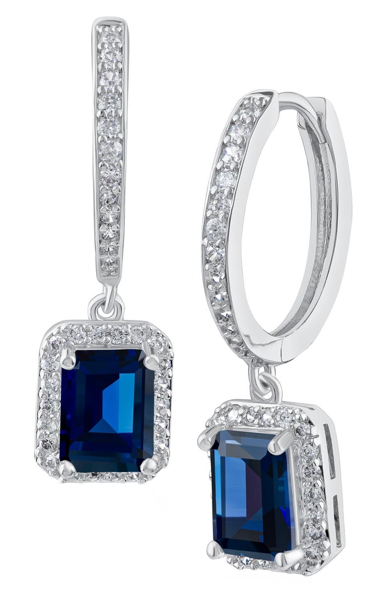 CZ by Kenneth Jay Lane Emerald Cut Cubic Zirconia Halo Drop Huggie Hoop Earrings, Main, color,