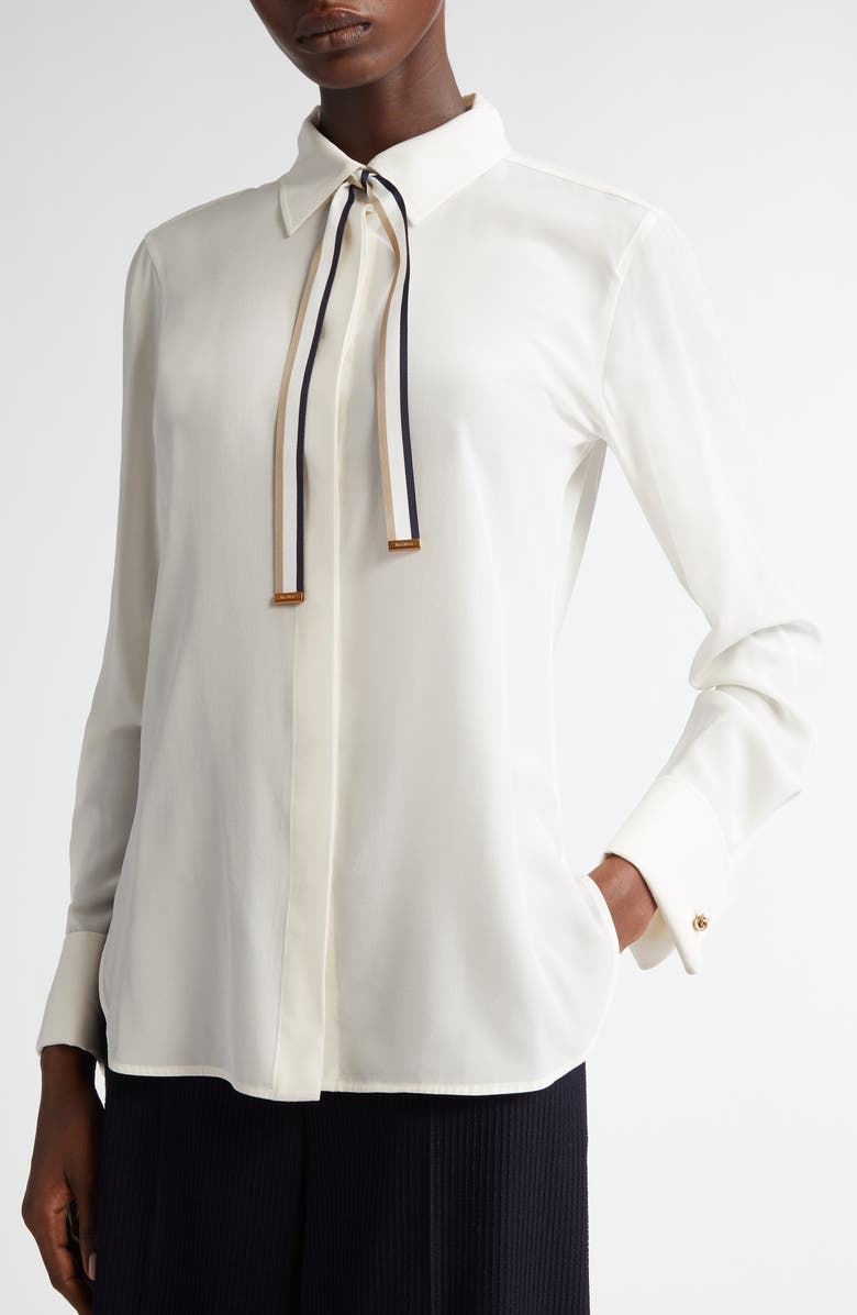 Max Mara Apollo Silk Crêpe de Chine Button-Up Shirt with Neck Ties, Alternate, color, Silk