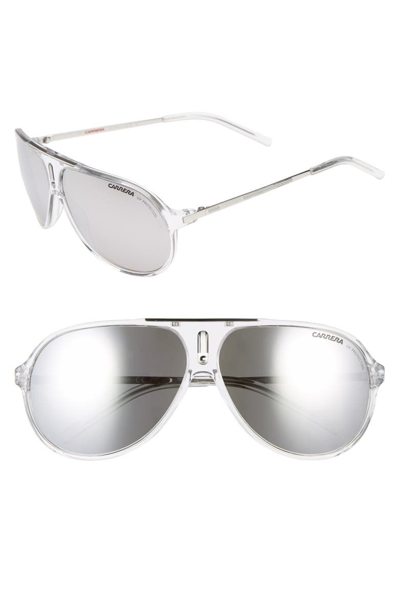 'Hots' 64mm Aviator Sunglasses, Main, color, CRYSTAL/ SILVER MIRROR