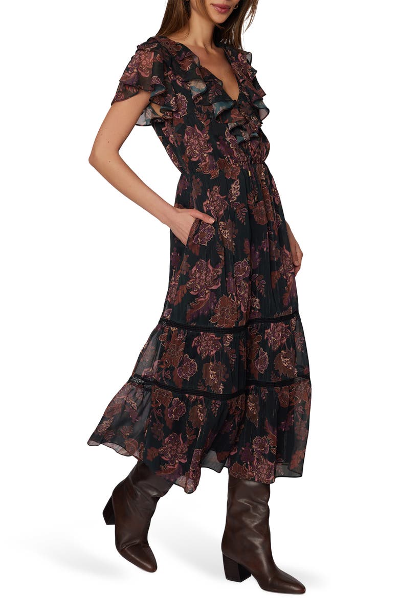 Lost + Wander Whispers of Bohemia Floral Print Midi Dress, Alternate, color, Black Plum Floral