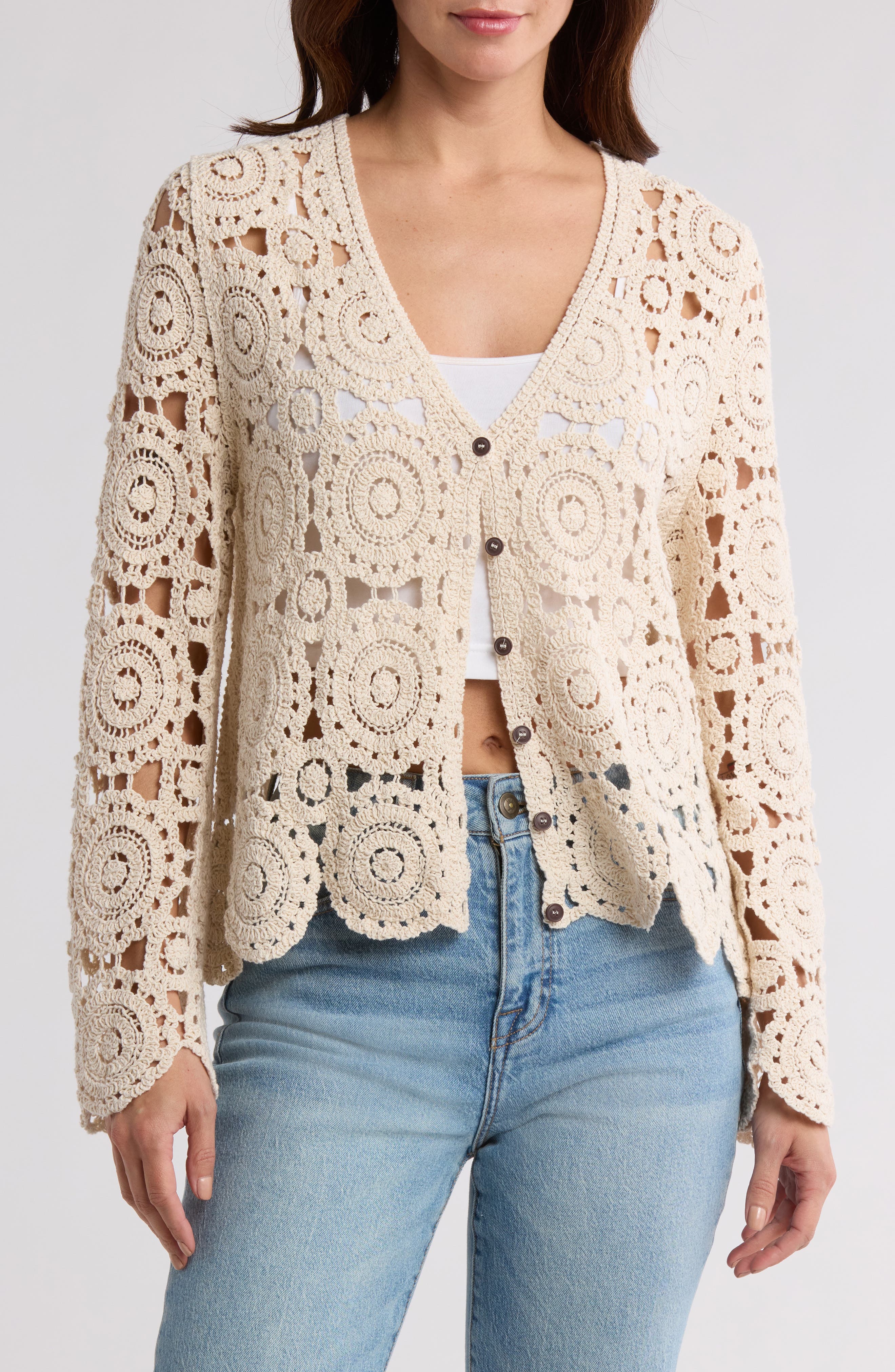 Forgotten Grace Crochet Circle Button Front Cardigan