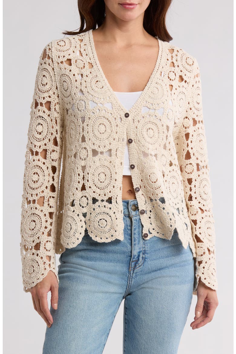 Crochet Circle Button Front Cardigan, Main, color, NATURAL