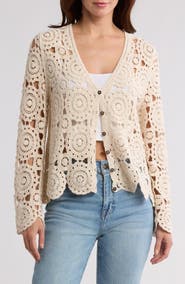 Forgotten Grace Crochet Circle Button Front Cardigan