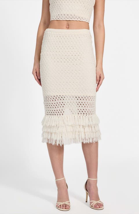 Luca Fringe Hem Open Stitch Midi Skirt