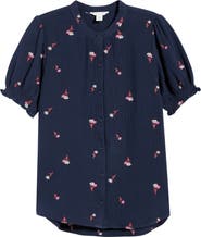 Caslon® Short Sleeve Embroidered Flower Cotton Popover Top