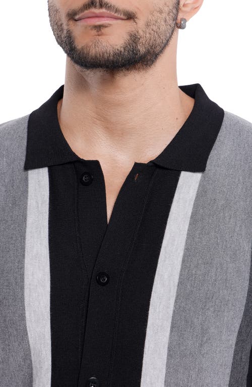 Spring + Mercer Stripe Short Sleeve Button-up Polo Sweater In Black/grey