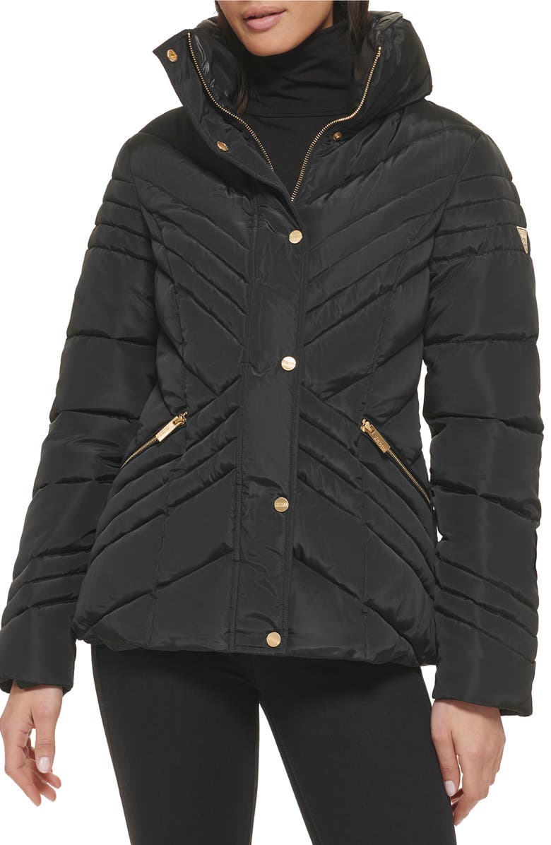 GUESS Water Resistant Chevron Quilted Puffer Jacket, Main, color, Black