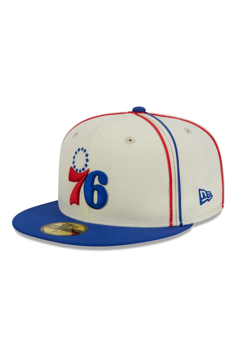 Men's New Era Cream/Royal Philadelphia 76ers Piping 2-Tone 59FIFTY Fitted Hat, Alternate, color, Cream