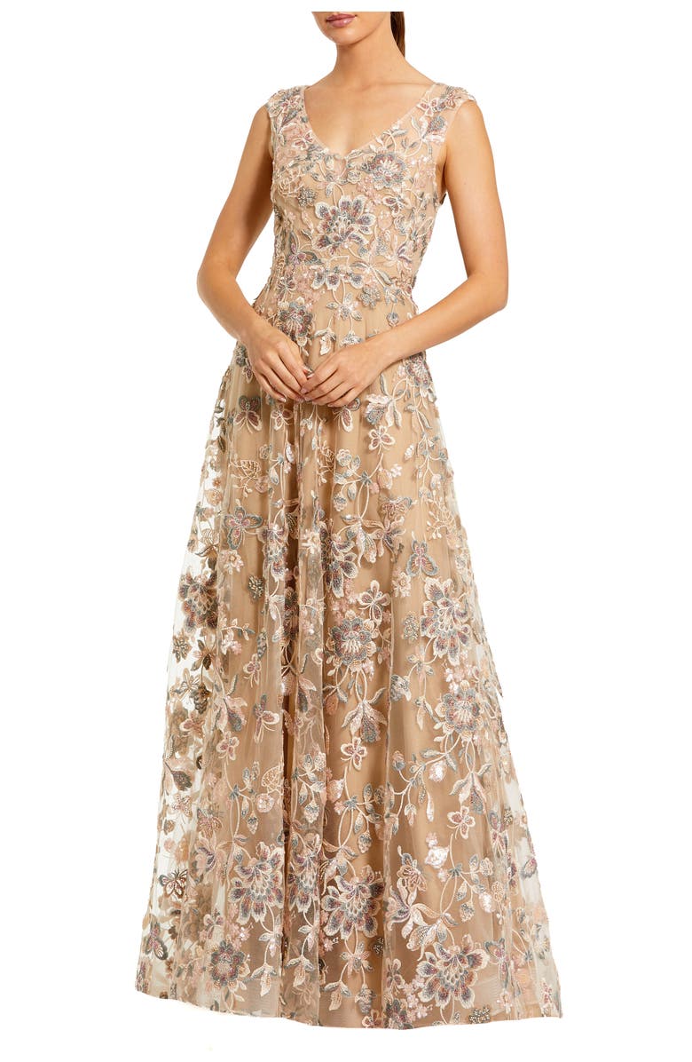 Mac Duggal Floral Embroidered Sleeveless V Neck Gown, Main, color, Taupe