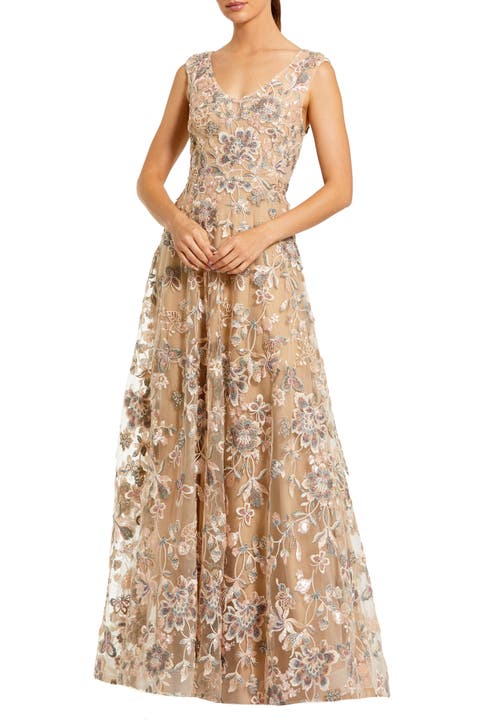 Floral Embroidered Sleeveless V Neck Gown