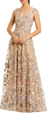 Mac Duggal Floral Embroidered Sleeveless V Neck Gown