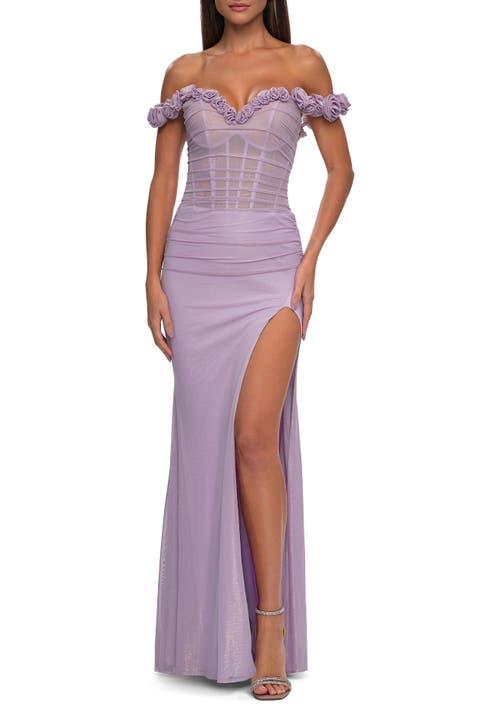 Prom Dress with Rosette Off the Shoulder Straps and Neckline
