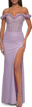 La Femme Prom Dress with Rosette Off the Shoulder Straps and Neckline