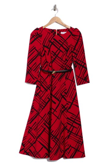 Calvin Klein Plaid Belted A-line Midi Dress In Red