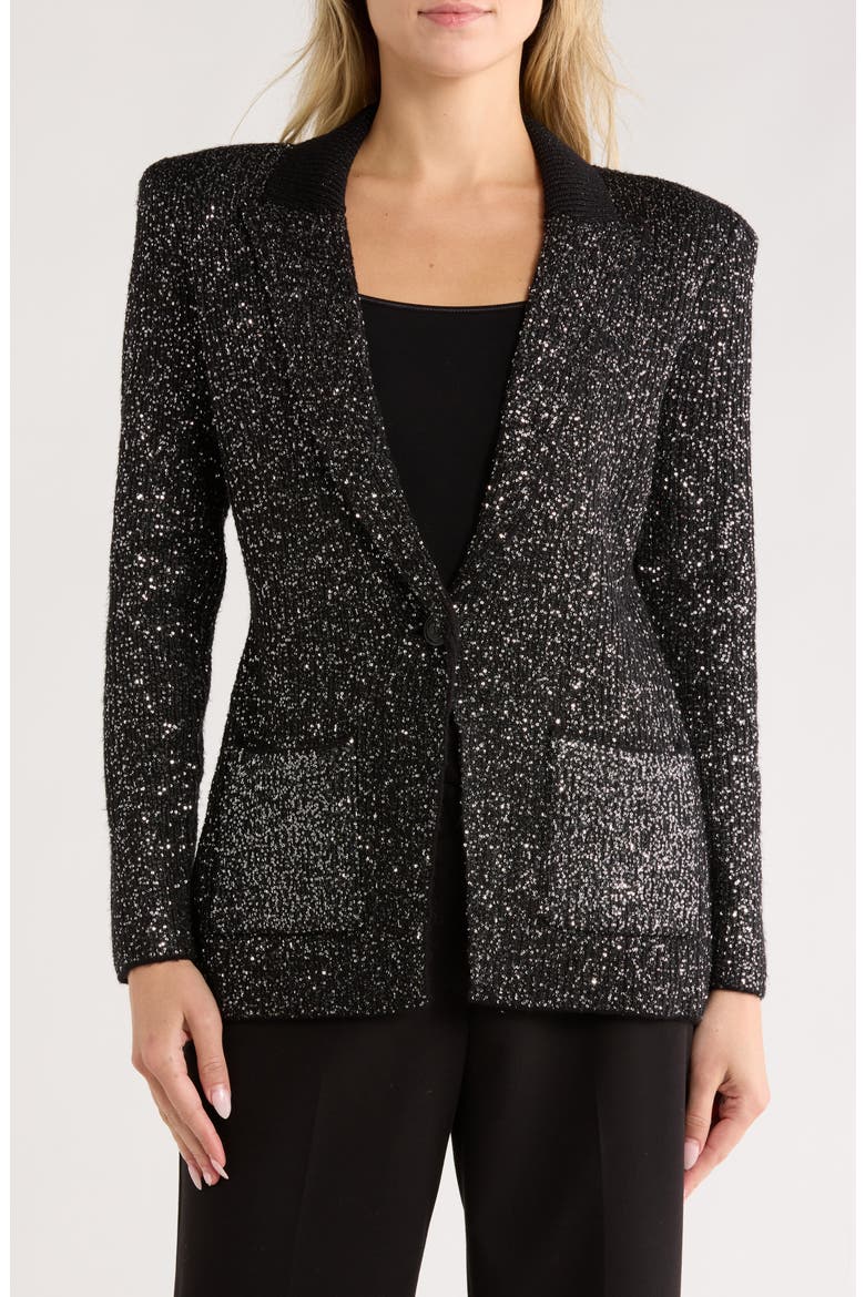 Leonora Sequin Knit Blazer, Main, color, BLACK/ SILVER SEQUIN
