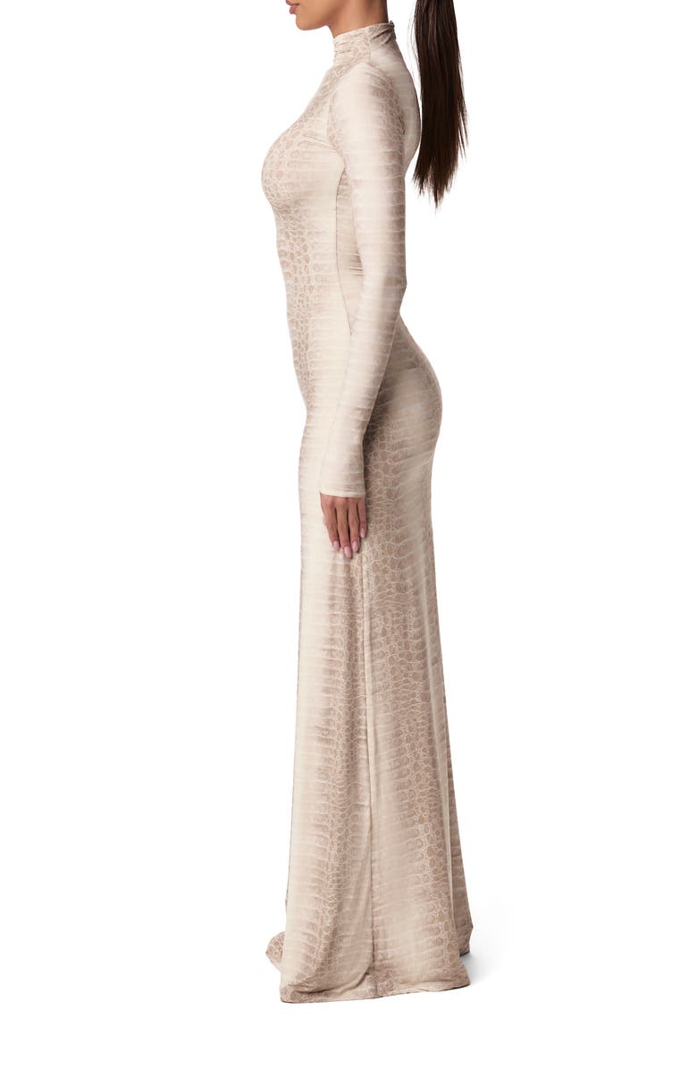 Naked Wardrobe Crocodile Print Funnel Neck Long Sleeve Maxi Dress, Alternate, color, Bone Croc