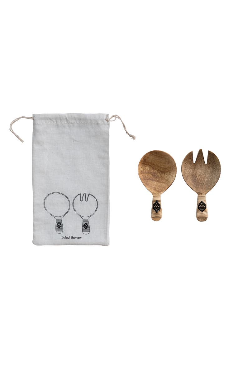 Storied Home 7 Inches Mango Wood Salad Servers with  Wrapped Handles and Printed Drawstring Bag, Set of 2, Main, color, Natural