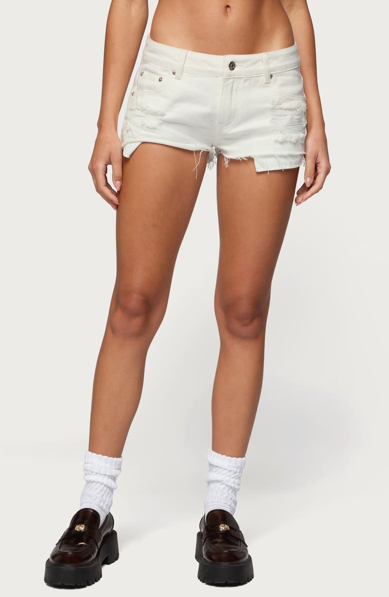 EDIKTED Devin Low Rise Micro Denim Cutoff Shorts, Main, color, 