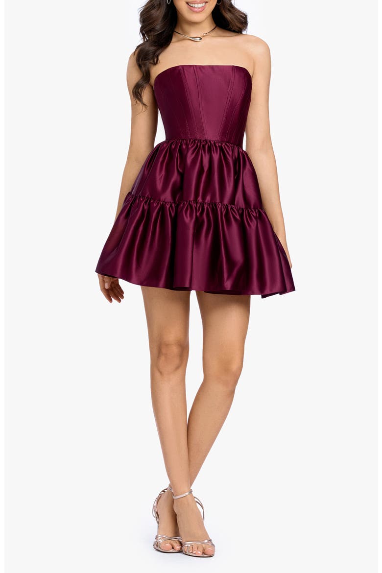 Satin Strapless Corset Tiered Cocktail Minidress, Main, color, WINE