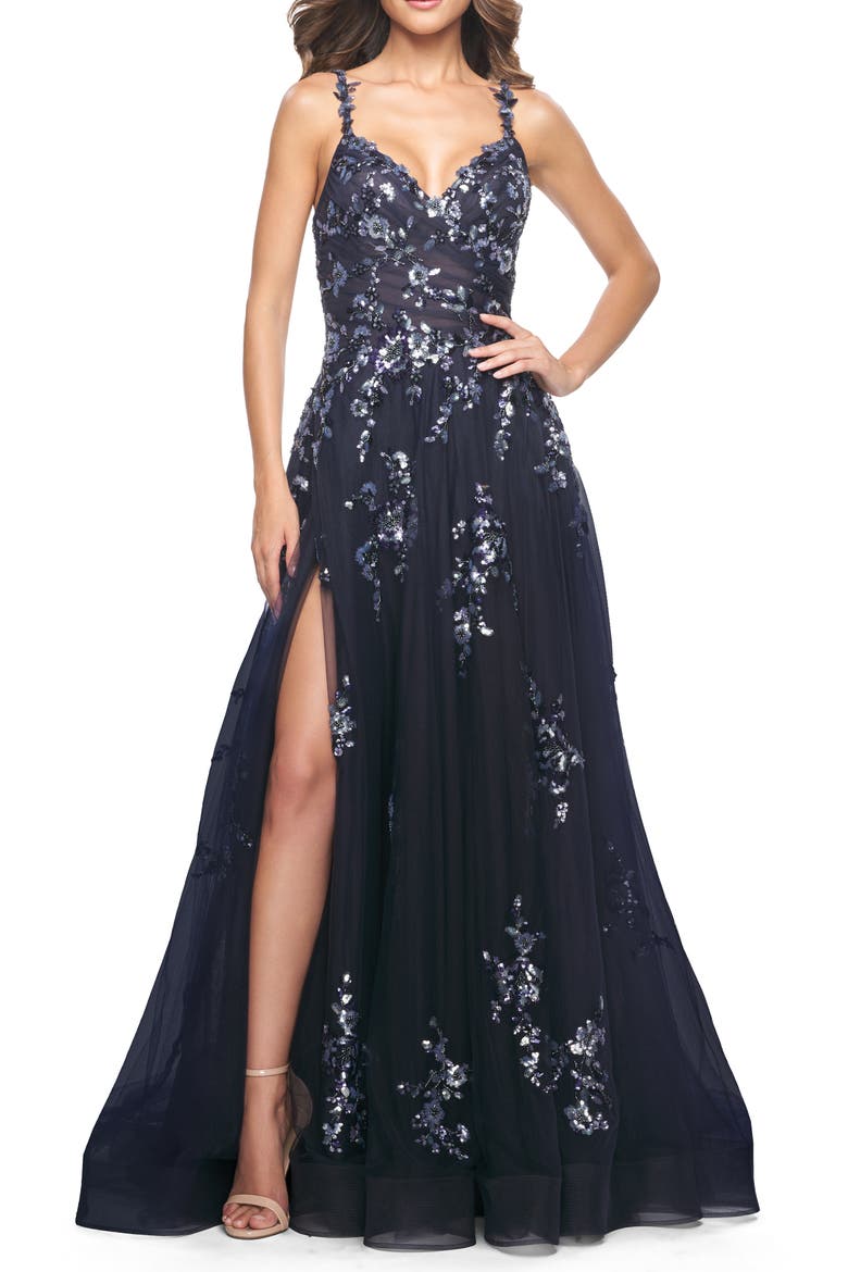 A-Line Tulle and Floral Sequin Gown with High Slit, Alternate, color, Navy