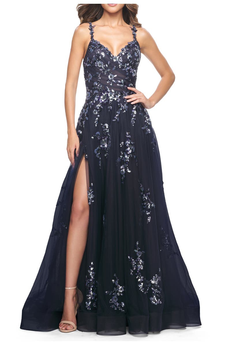 La Femme A-Line Tulle and Floral Sequin Gown with High Slit, Alternate, color, Navy