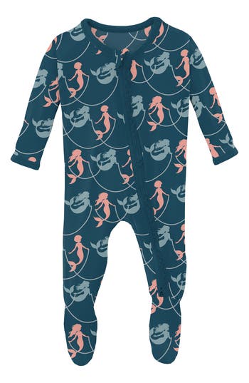 Kickee Pants Mermaid Print Zip Footie In Blue