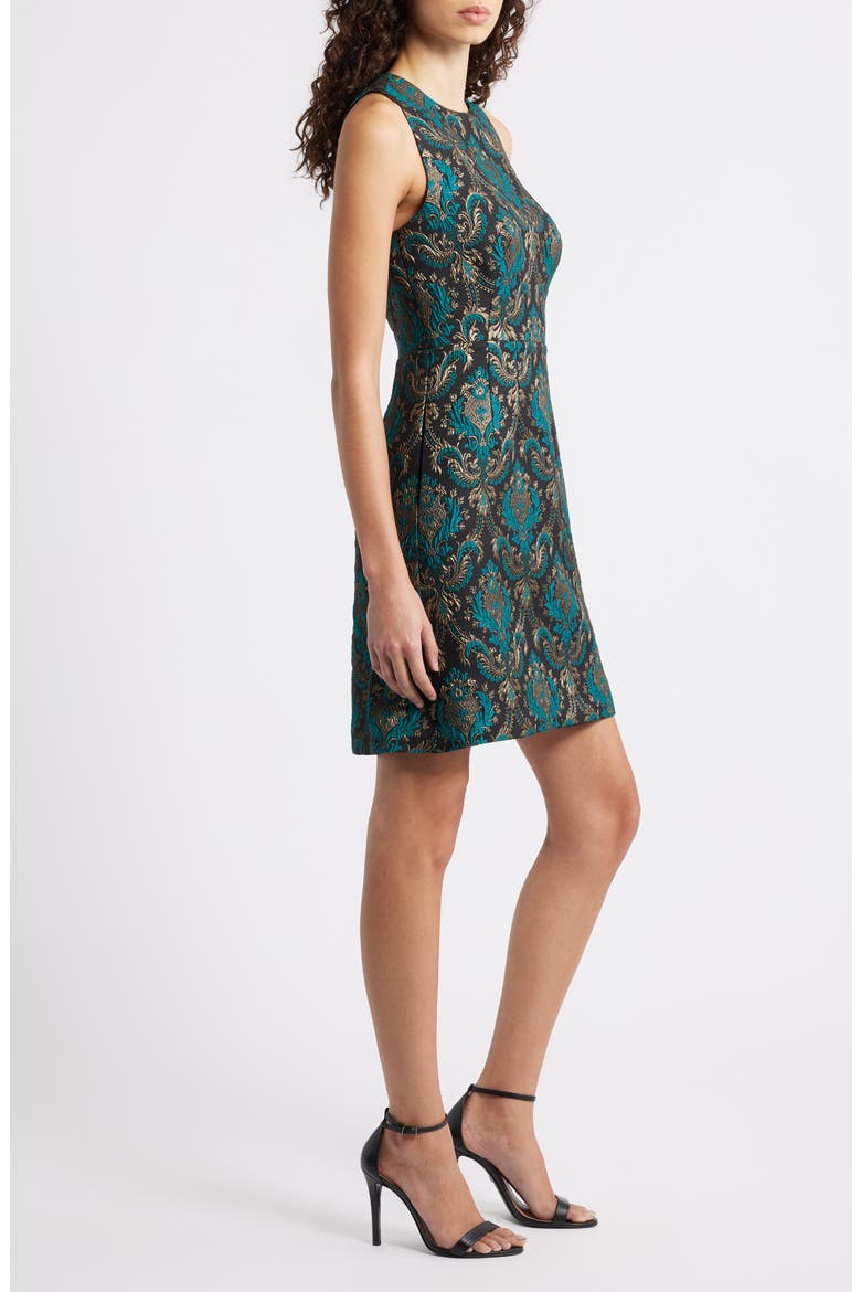 Sleeveless Metallic Jacquard Minidress, Alternate, color, BLACK/ EMERALD