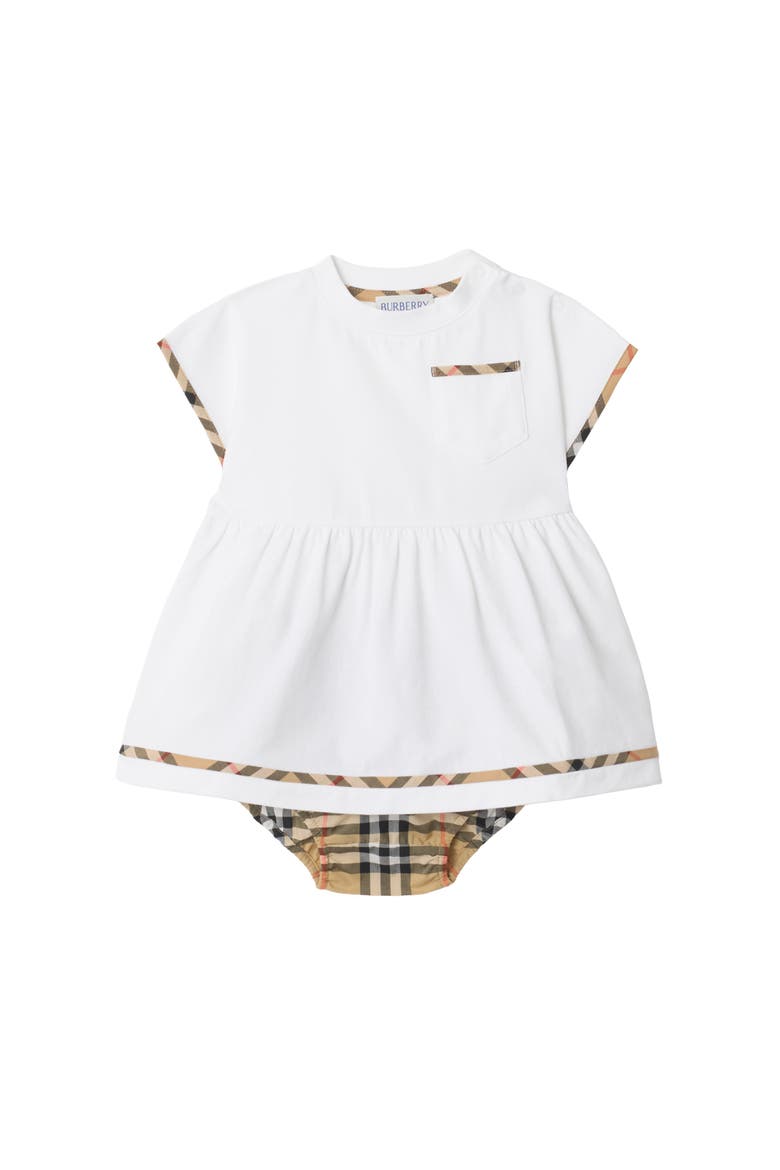 Check Trim Cotton Dress with Bloomers, Main, color, White
