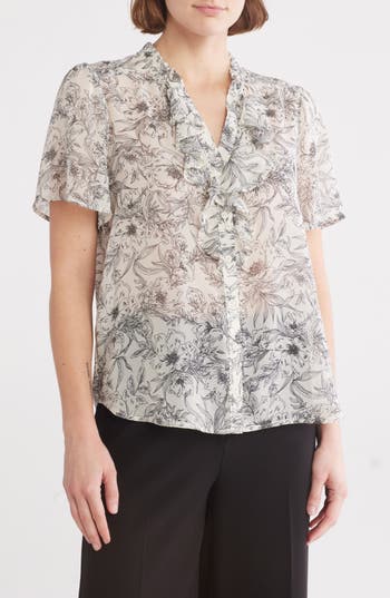 Pleione Ruffle Short Sleeve Button-up Top In Ivory Black Stencil