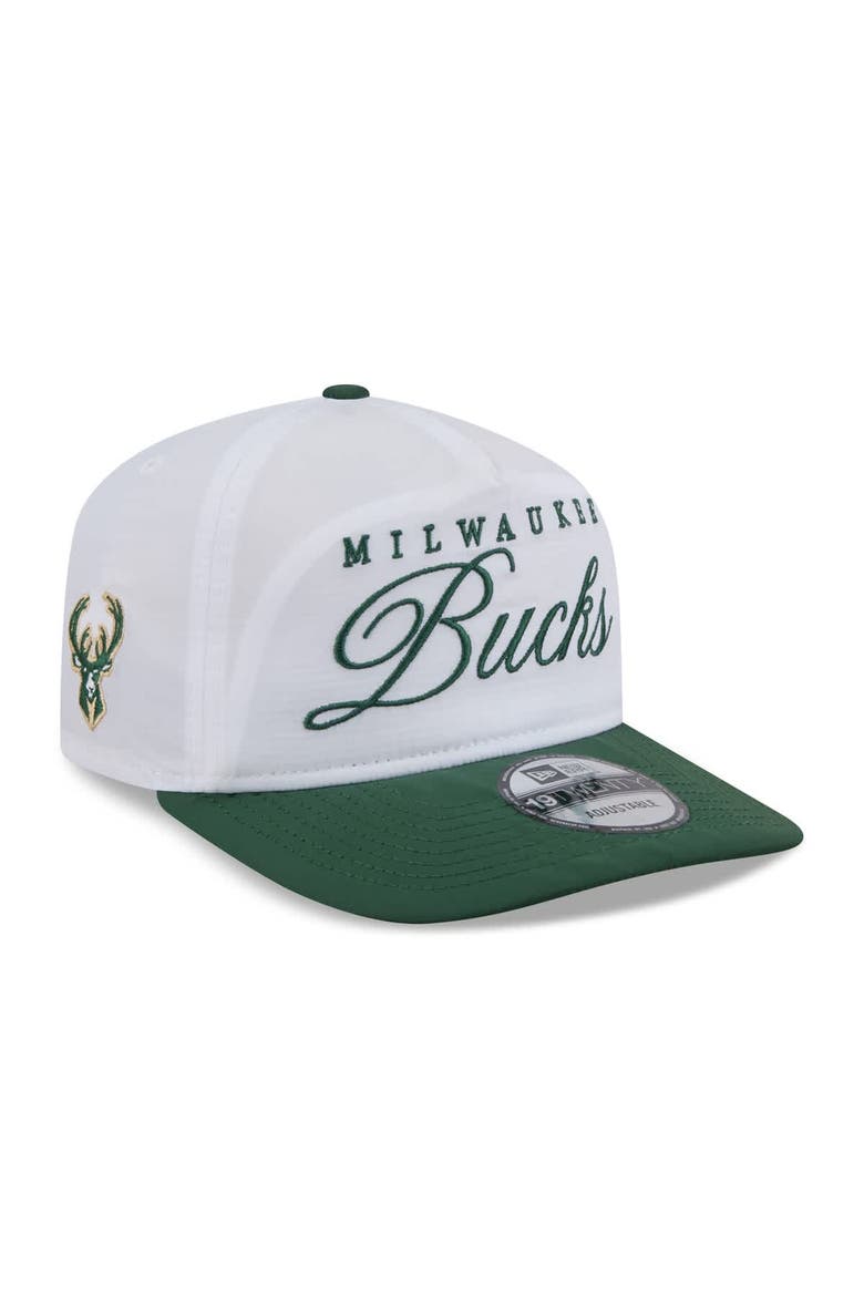 Men's New Era White/Hunter Green Milwaukee Bucks 2025 NBA Draft On-Stage Nylon 19TWENTY Adjustable Hat, Main, color, White