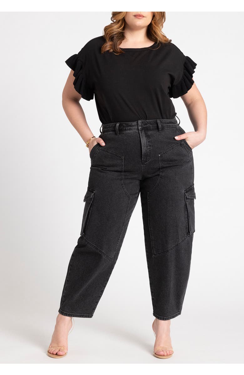 ELOQUII Ruffle Sleeve Tee, Alternate, color, Black