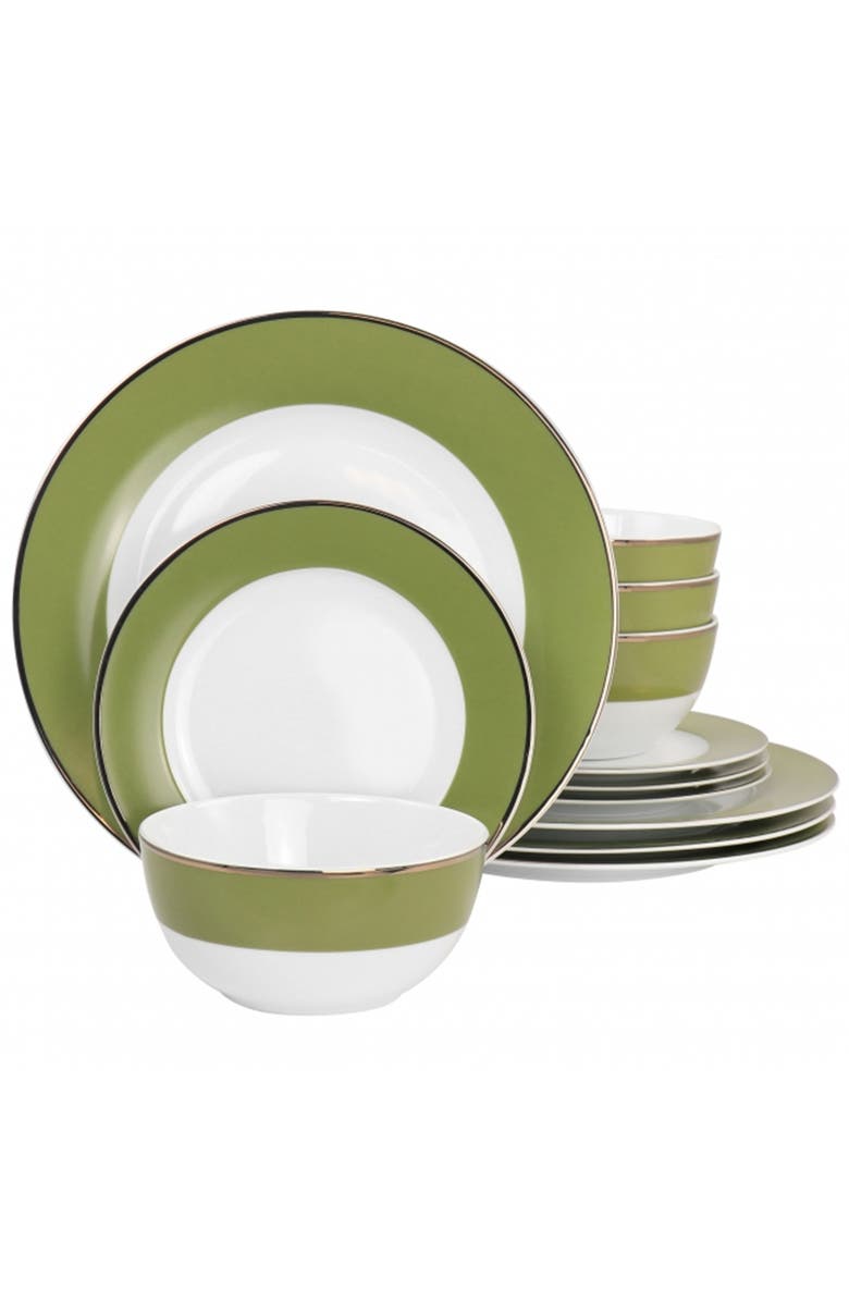 MARTHA STEWART Gold Rimmed 12 piece Fine Ceramic Dinnerware Set, Main, color, Green