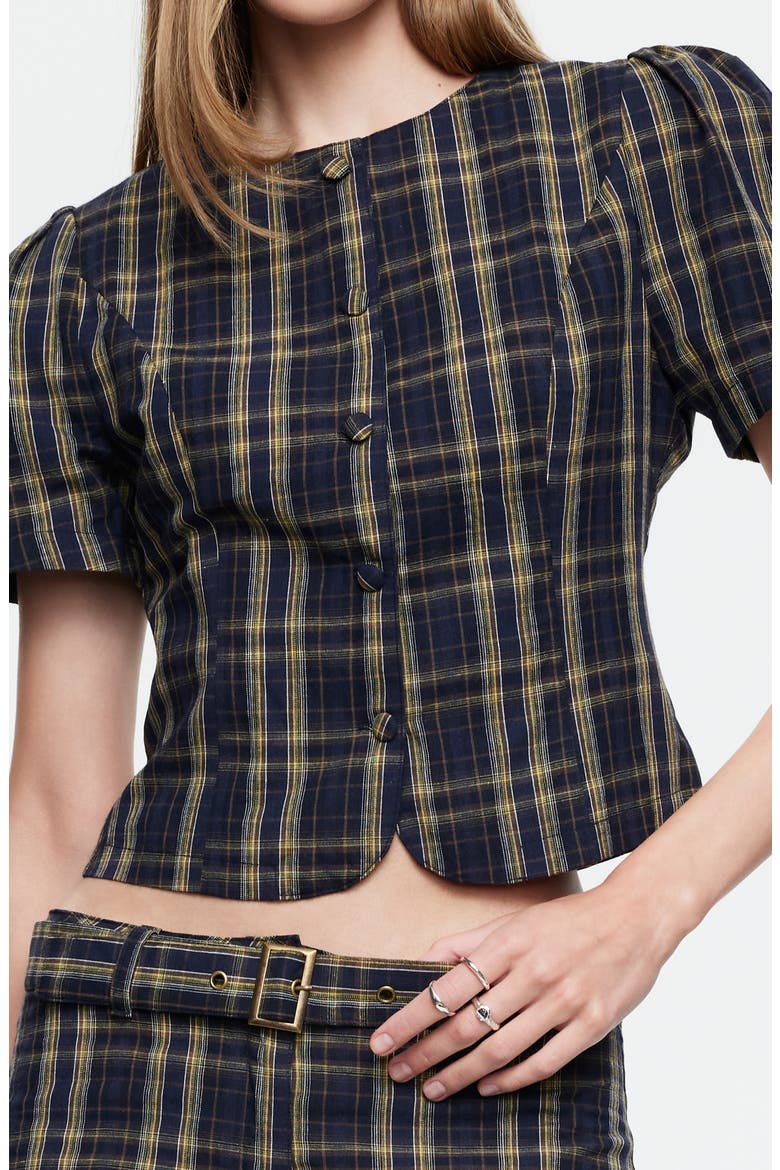 Femme Plaid Button-Up Top, Alternate, color, NAVY LEMON PLAID