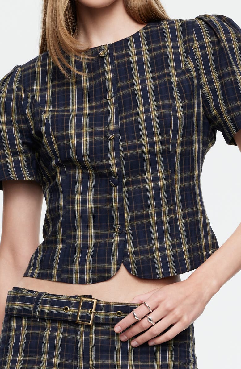 LIONESS Femme Plaid Button-Up Top, Alternate, color, Navy Lemon Plaid