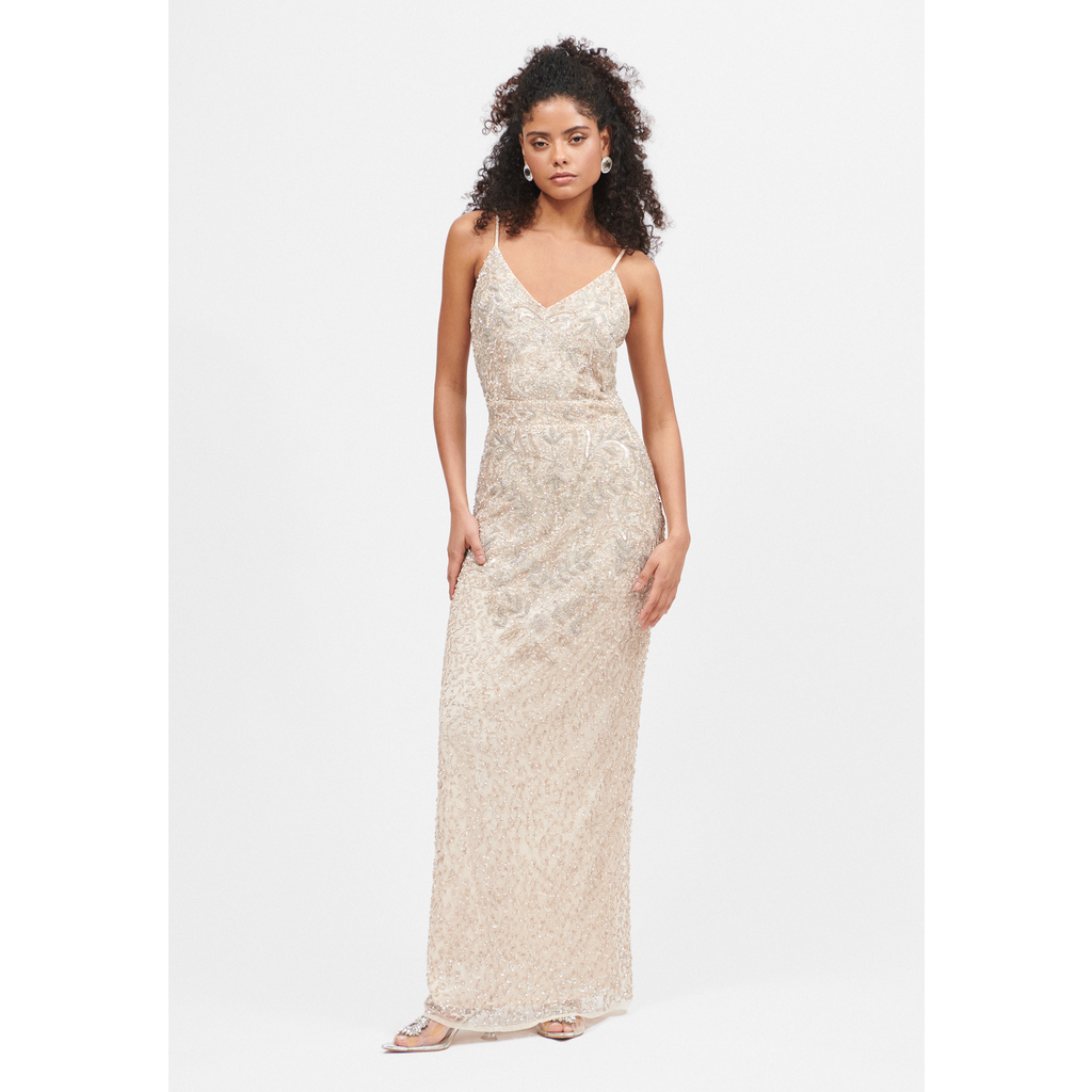 Beauut Embellished Sequin Beaded V Neck With Straps Maxi Dress In Cream