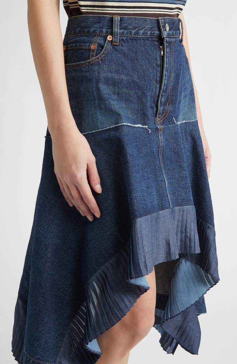 Sacai Mixed Media Asymmetric Satin & Denim Midi Skirt, Alternate, color, Blue