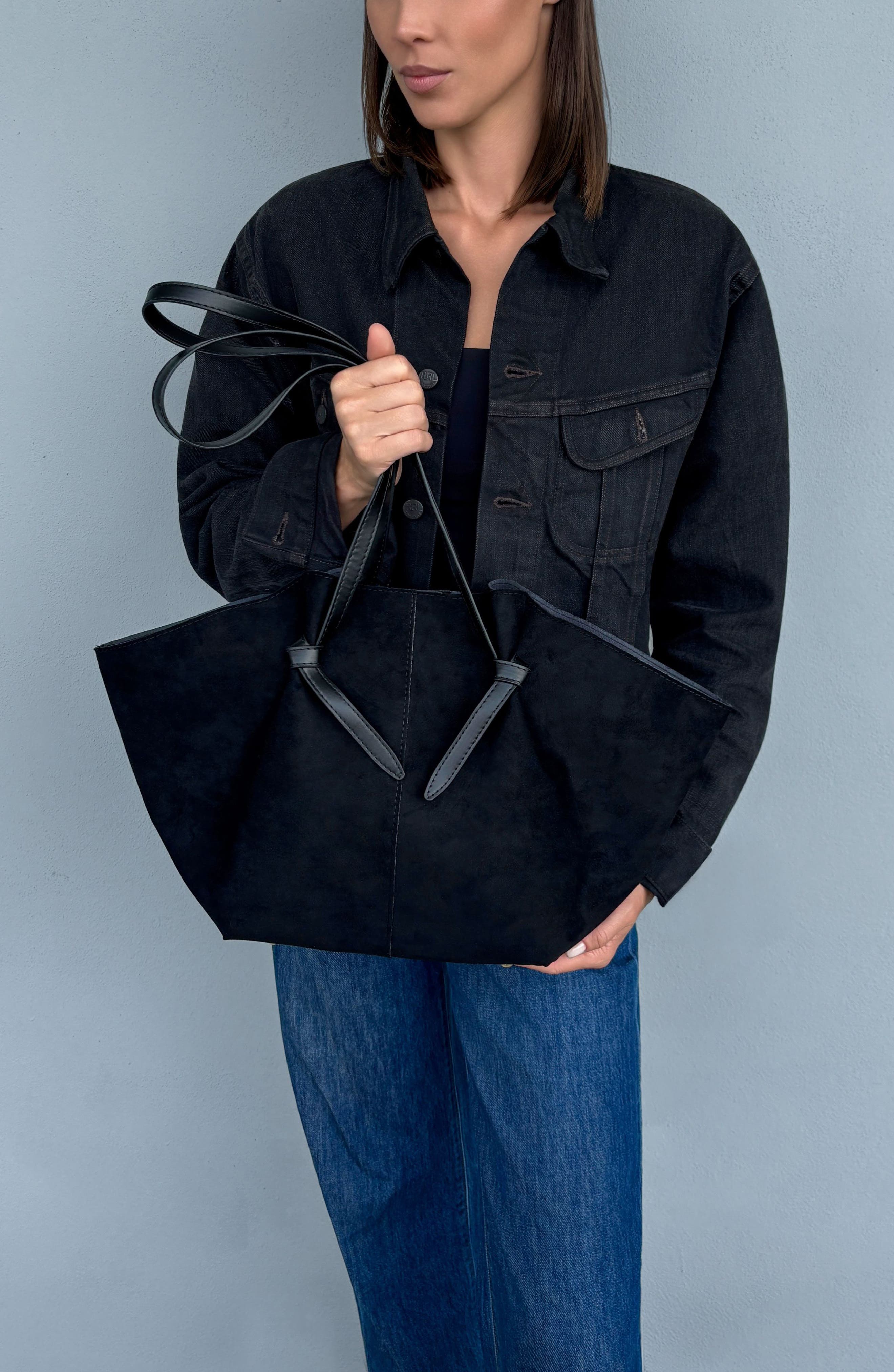 Large Faux Leather Tote, Alternate, color, BLACK