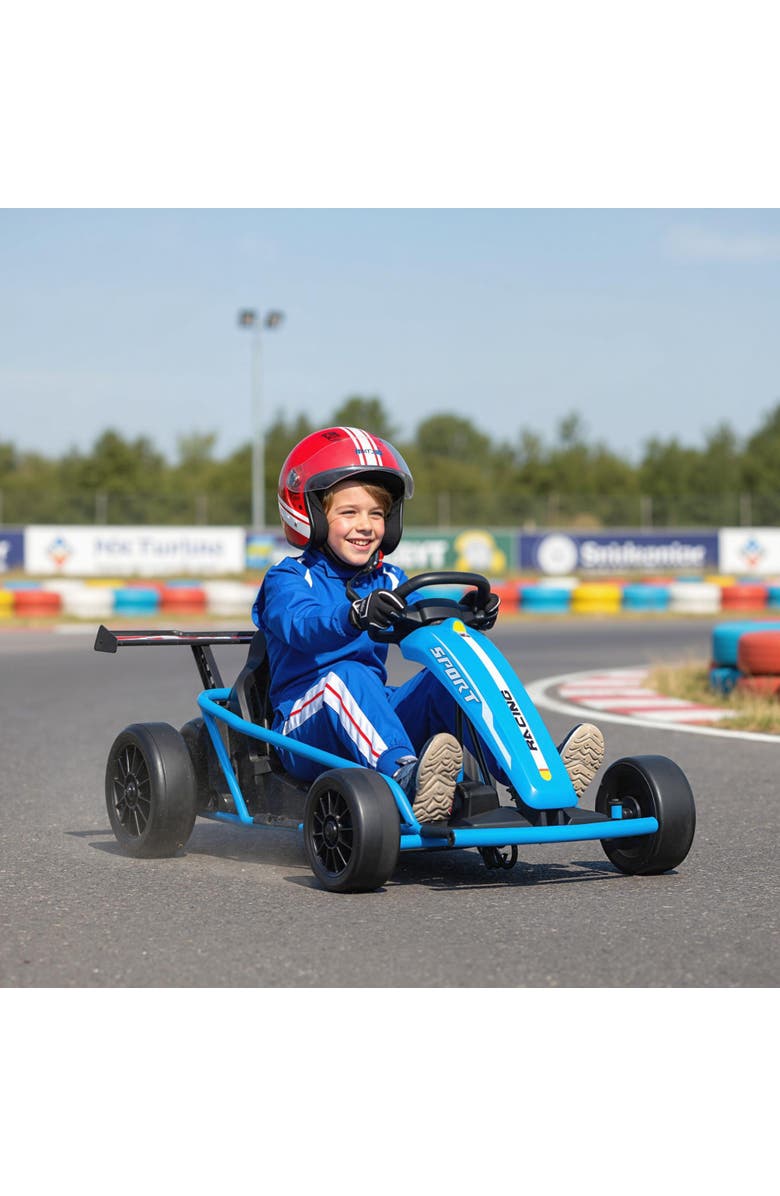 Qaba 24V 8.1 MPH Electric Go Kart for Kids 7AH Battery Powered Drift Kart with Dual Motors Soft Start Safety Belt for Kids Years, Alternate, color, Blue