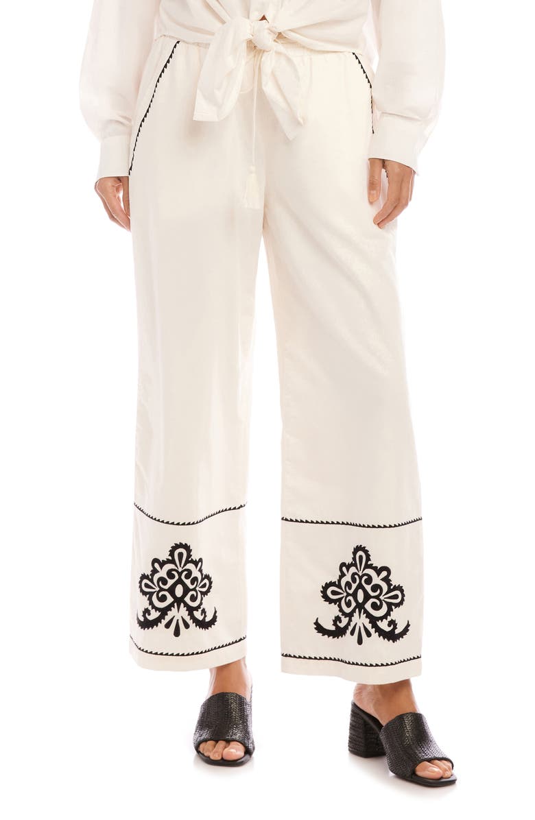 Karen Kane Embroidered Drawstring Cotton Pants, Main, color, Cream