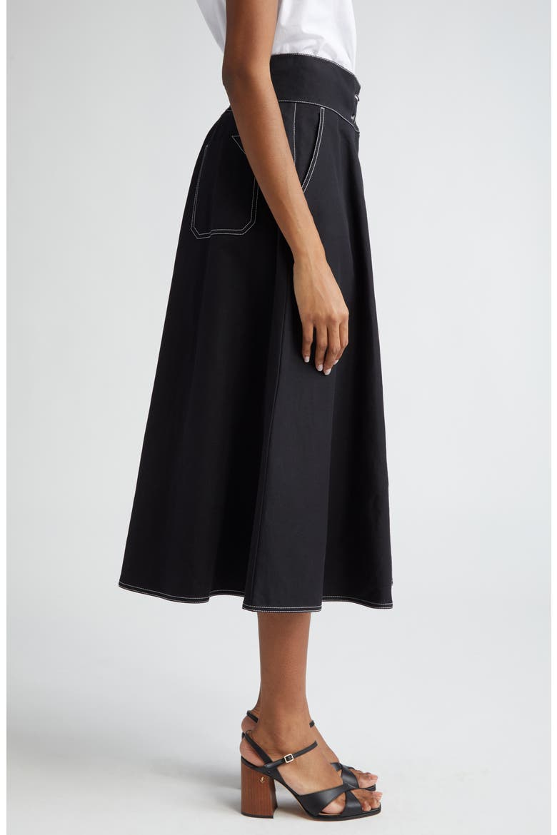 Cotton & Linen Canvas Midi Skirt, Alternate, color, BLACK
