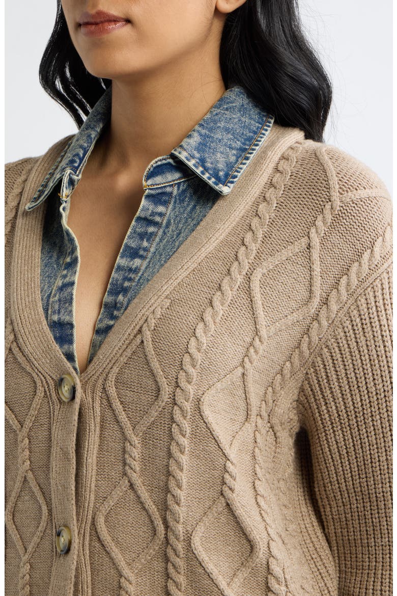 Denim Trim Cable Stitch Cardigan, Alternate, color, TAN