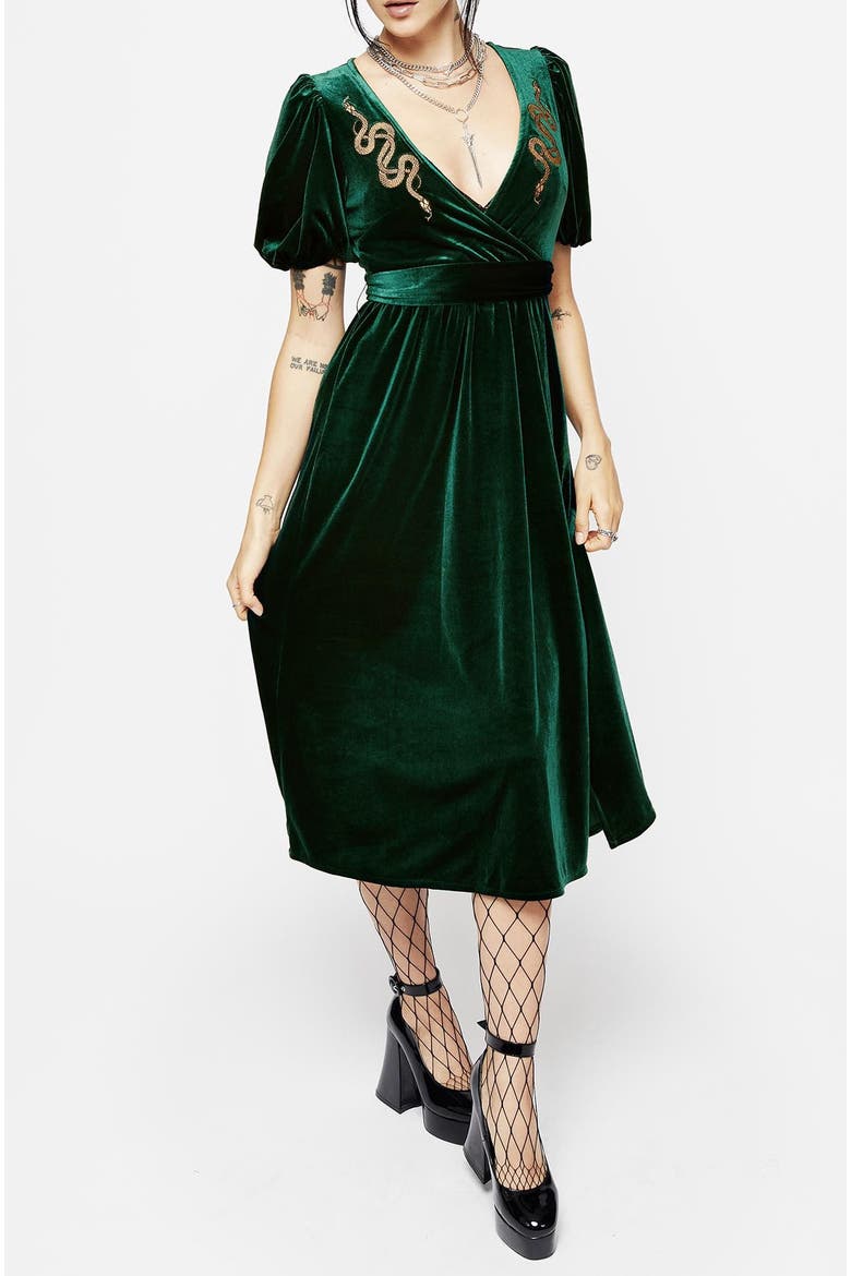 Zarina Velour Applique Midi Wrap Dress, Main, color, Green