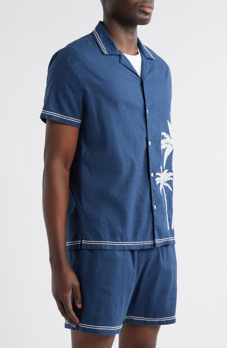 Rails Gibson Palm Tree Embroidered Short Sleeve Linen Blend Button-Up Shirt, Alternate, color, Navy White Palm