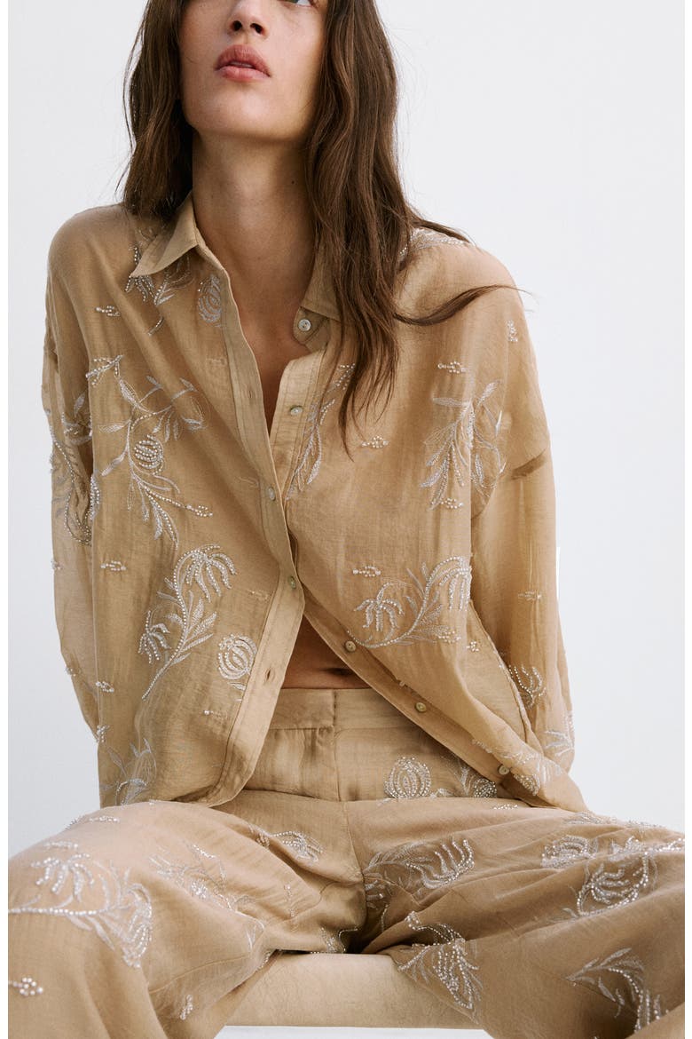 Beaded Floral Embroidered High Rise Pants, Alternate, color, BEIGE
