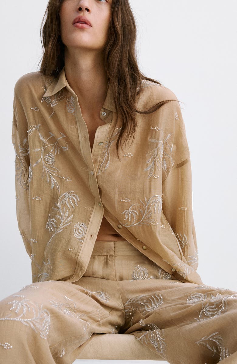 MANGO Beaded Floral Embroidered High Rise Pants, Alternate, color, Beige