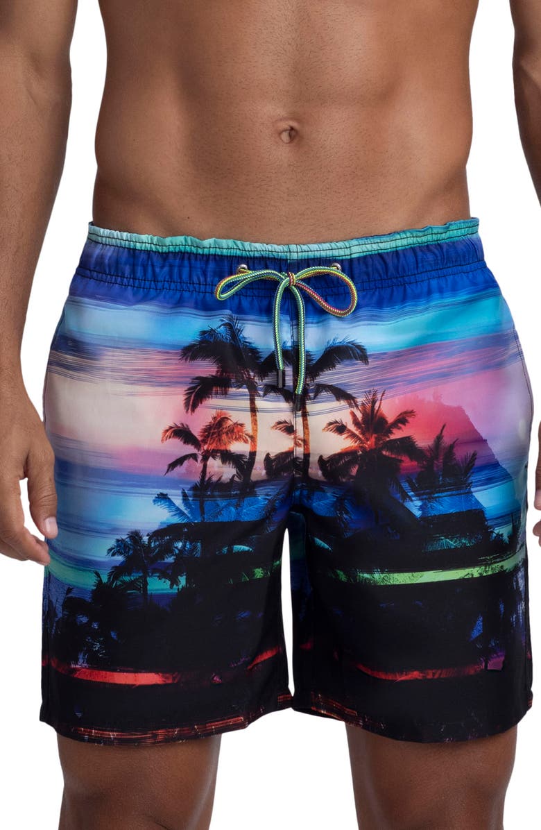 Bugatchi Rainbow Sunset Print Swim Trunks, Main, color, 