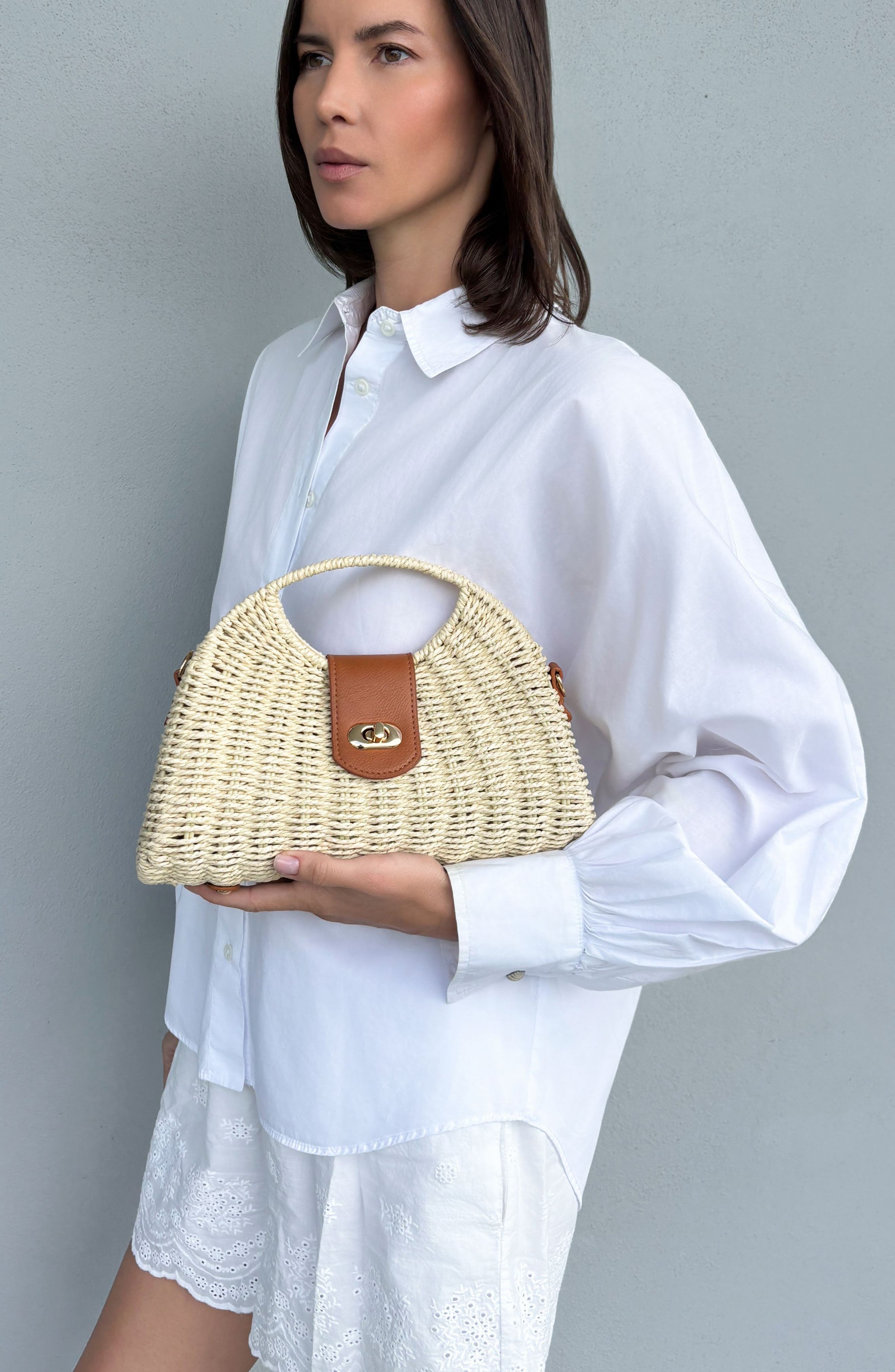 Adornia White Straw Picnic Basket Clutch, Alternate, color, White