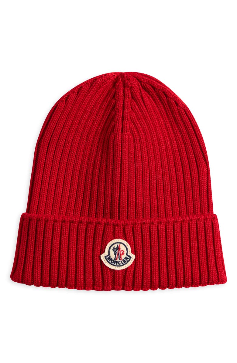 Moncler Kids
 Logo Patch Virgin Wool Beanie, Main, color, Red