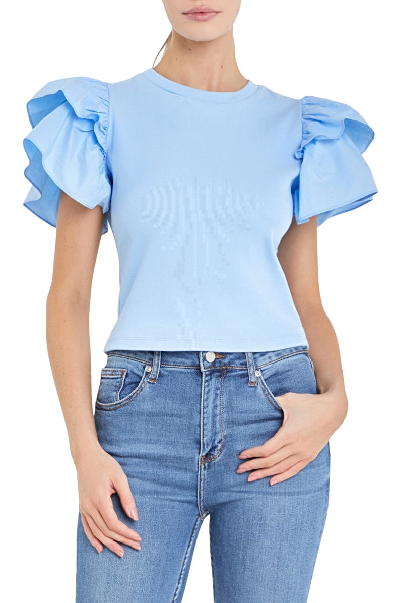English Factory Mix Media Ruffle Sleeve Cotton Rib Top, Main, color, Powder Blue